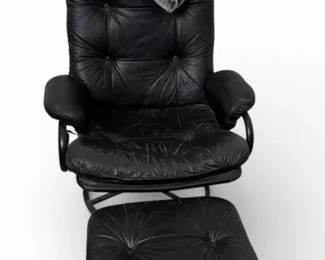 Mid Century Modern Black Leather Swivel Chair and Ottoman