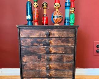 Vintage Indian Apothecary Style Chest Assorted HandPainted Wooden Folk Art Figurines