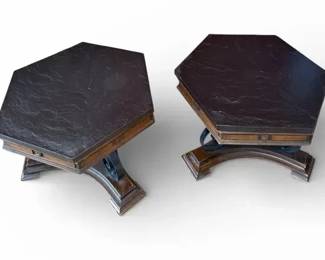 Pair of Hexagonal Slate Top Wood End Tables