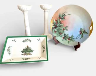 Spode Christmas Tree Platter KPM Holly Plate and Marble Candlesticks
