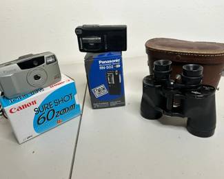 Vintage Canon 35mm Camera, Panasonic Microcassette Recorder, and Triton Binoculars