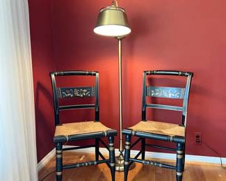 Vintage Hitchcock Style Chair Pair and Brass Finish Floor Lamp