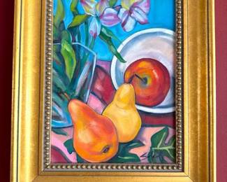 Nadine Sokol Original Still Life Oil Painting Pears and Iris