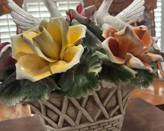 1970s Nuova Capodimonte Porcelain Floral Basket Centerpiece