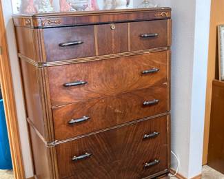 1930s Art Deco Mahogany Burl Highboy Dresser