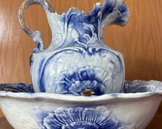 Blue & White Wash Basin & Pitcher with Gold Accents