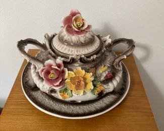 Italian Capodimonte Porcelain Double Handled Floral Tureen