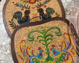 Wood and Cork Folk Art Rooster Trivets