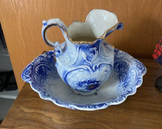 Blue & White Wash Basin & Pitcher with Gold Accents