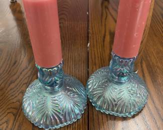 Pair of Light Blue Carnival Glass Candlestick Holders