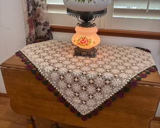 Gateleg Drop Leaf Table, Victorian Milk Glass Floral Painted Parlor Lamp