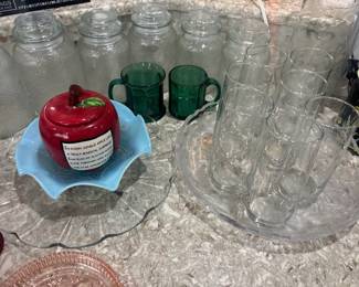 Ceramic Apple Cookie Jar with Inspiring Quote, Green Paneled Glass Mugs, Embossed Glass Kitchen Canister Set