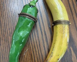 Limoges France Porcelain Peint Main Green Chile Pepper, Limoges France Porcelain Peint Main Banana Trinket Box