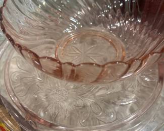 Rosaline Pink Glass Swirl Scalloped Edge Serving Bowl, Jeanette Pink Depression Glass Cake Plate with Sunflower Design