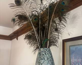 Mosaic Shell Floor Vase, Peacock Feathers