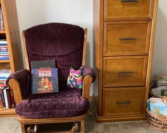 Gliding Rocking Chair with Maroon/Purple Upholstery, Oak Finish 4-Drawer Vertical File Cabinet