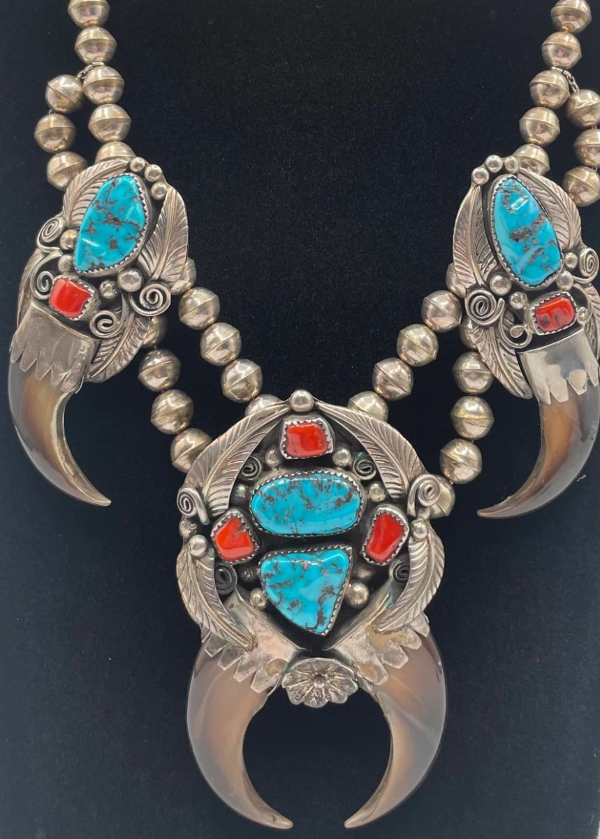 Fabulous Signed H.Tsosie Navajo Native American Indian Bear Claw Squash Blossom with Turquoise & Coral Signed H.Tsosie