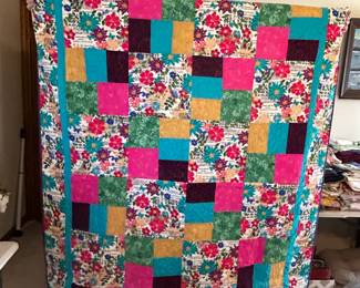 #105	Teal/Gold/Rose Flower Floral Quilt - Machine Quilted - 56x76	 $75.00 