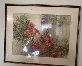 #111	Original Jean Woods Watercolor of Orange Trumpet Flowers Framed and Matted - 31x24	 $125.00 