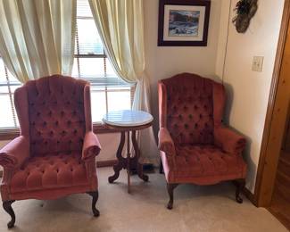 #1	Rose button back and seat wing back chair	 $75.00  #2	Rose button back and seat wing back chair	 $75.00  #3	round marble to eastlake end table	 $125.00 