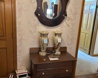 #14	Table - Hall	Wood Antique Dove-tailed  Wash Stand - 31x17x28	 $100.00 			 #15	Mirror- Hall	Wood 2 peg Oval Mirror w/tile of Blue Boy on Top - 24x32	 $65.00 			