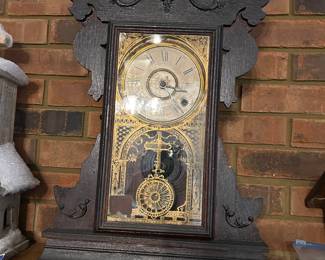 #28	Wood Antique Mantle Clock w/key  - 14x23	 $75.00 