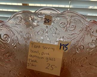 #175	Tiara Serving Bowl, Pink Depression Glass 9" Wide 5" Tall	 $25.00 