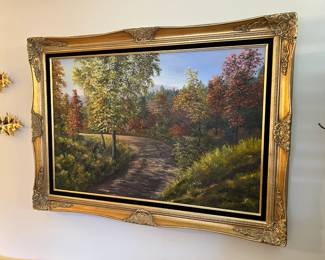 #19	Oil on Canvas of Water w/Fall Leaves in Heavy Gilded Frame - 43x30	 $175.00 