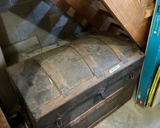 #137	Camel Back Wood Trunk w/Metal Fasteners w/tray (as is condition)  34x18x25	 $30.00 