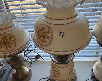 #74	Brass Double Base Brown Flowered Globe Lamp - 20" tall	 $30.00 