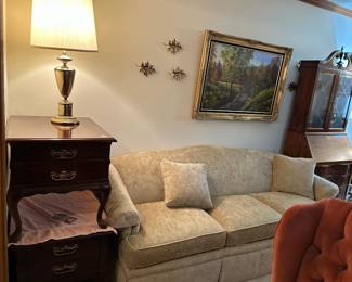 #12	Table - LR	Mersman Wood End Table w/1 Drawer - 22x27x22 - Sold as a pair	 $250.00 			 #13	Sofa - LR	Clayton marcus Sofa w/solid back Cushion - 87" Long	 $275.00 			