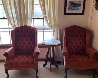 #1	Rose button back and seat wing back chair	 $75.00  #2	Rose button back and seat wing back chair	 $75.00  #3	round marble to eastlake end table	 $125.00 
