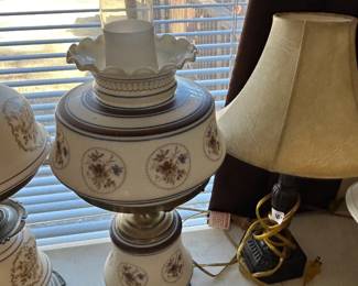 #75	Brass Double Glass Globe w/Blue & Red Flowers - 20" tall	 $30.00 