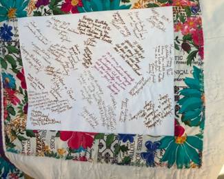 #105	Teal/Gold/Rose Flower Floral Quilt - Machine Quilted - 56x76	 $75.00 