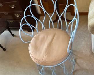 #77	Blue Painted Metal Mid-Century Blue Chair w/cushion	 $40.00 