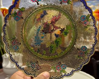Antique Oriental Chinese Plique A Jour Glass Plate with Flowers