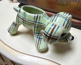 Vintage pottery stuffed dog puppy planter USA kitsch kitschy button eyes