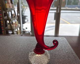 Vtg Handblown Ruby Red Art Glass Crystal Cornucopia Vase Control Bubble Bottom