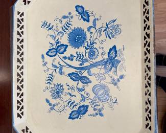 Vintage Large Cream Blue Onion Serving Tray Reticulated Sides Open Handles 