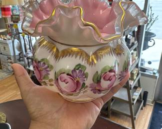 Fenton Melon Ball Vase Charleton Roses Pink Cased Crimped Ruffled Hand Painted