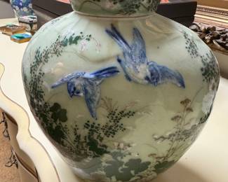 Meiji Period High Relief Porcelain Celadon Jar, Circa 1900