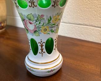 Vintage Czech Bohemian cased Glass white hand painted overlay cut to green