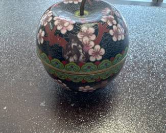 Vintage Enamel Cloisonne Apple Jewelry Trinket Box - Black Pink Cherry Blossoms