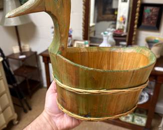 Antique Farmhouse Country Rustic Duck Shaped Wooden Bowl Basket