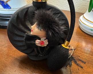 Art Deco Black Glass Atomizer, Vintage Black Glass Atomizer With Woman's Face