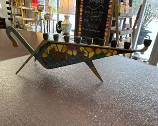 Vintage Mid Century Art Deco Brass Enamel Hanukkah Deco Tripod Menorah