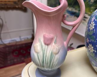Vintage Hull Pottery Blue and Pink Tulips Vase or Pitcher - 8 3/4"  