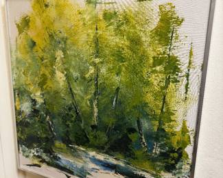 Mid-20th century acrylic on canvas depicting a river landscape by J Oshocki