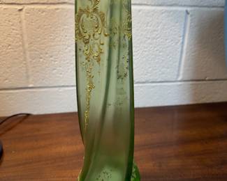 Antique Czech Bohemian Twisted Opalescent Glass Vase - Gold Gilt & Enameled
