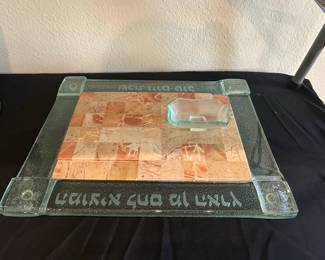 Jewish Ceremonial Marble and Etched Glass Challah Board with Salt Dish